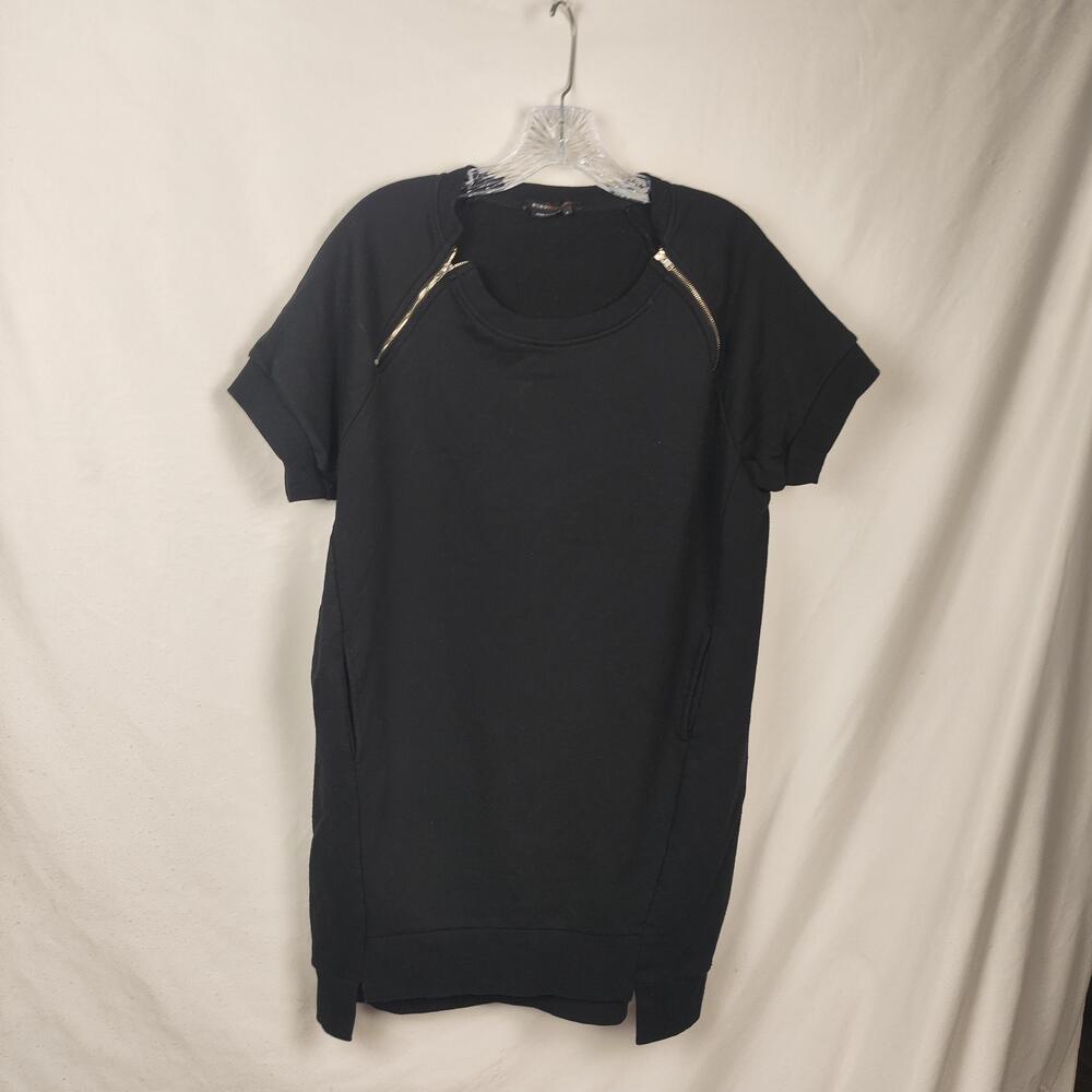 BCBGMAXAZRIA Sweater Dress Womens Large Black Short Sleeve Zipper Pockets Raglan